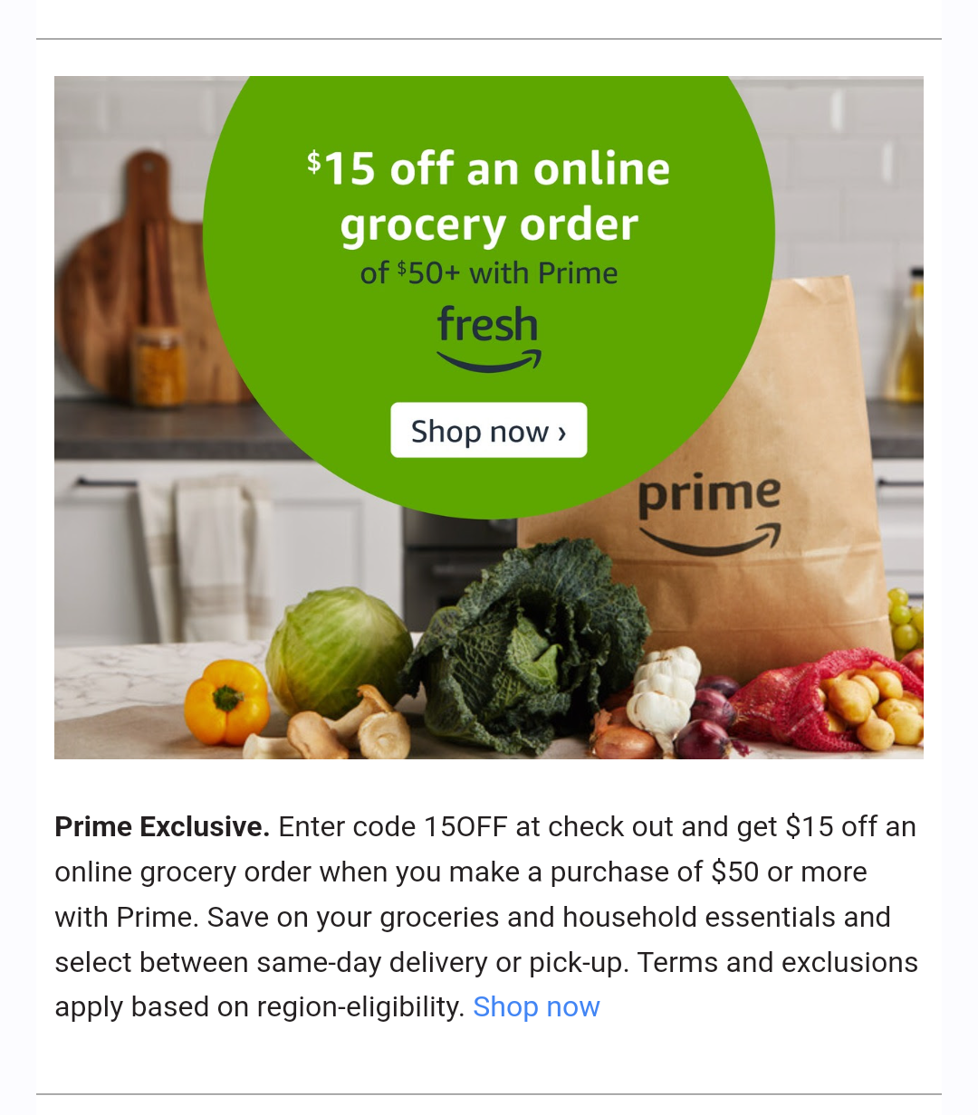 Save $15 off an Amazon Fresh order of $50 or more!